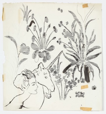 Andy Warhol, Female Head, Unicorn and Flowers, c. 1957, Anton Kern Gallery