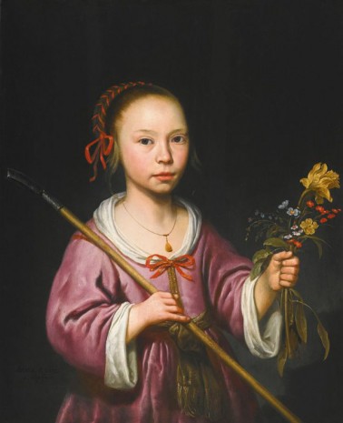 Albert Cuyp (1620 - 1691), Portrait of a young girl as a shepherdess, holding a sprig of fowers, , Galerie Bob van Orsouw & Partner