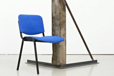 Oscar Tuazon, Steel, pressure-treated wood, oak post, office, chair, induction, stovetop, aluminium, 2011  , STANDARD (OSLO)